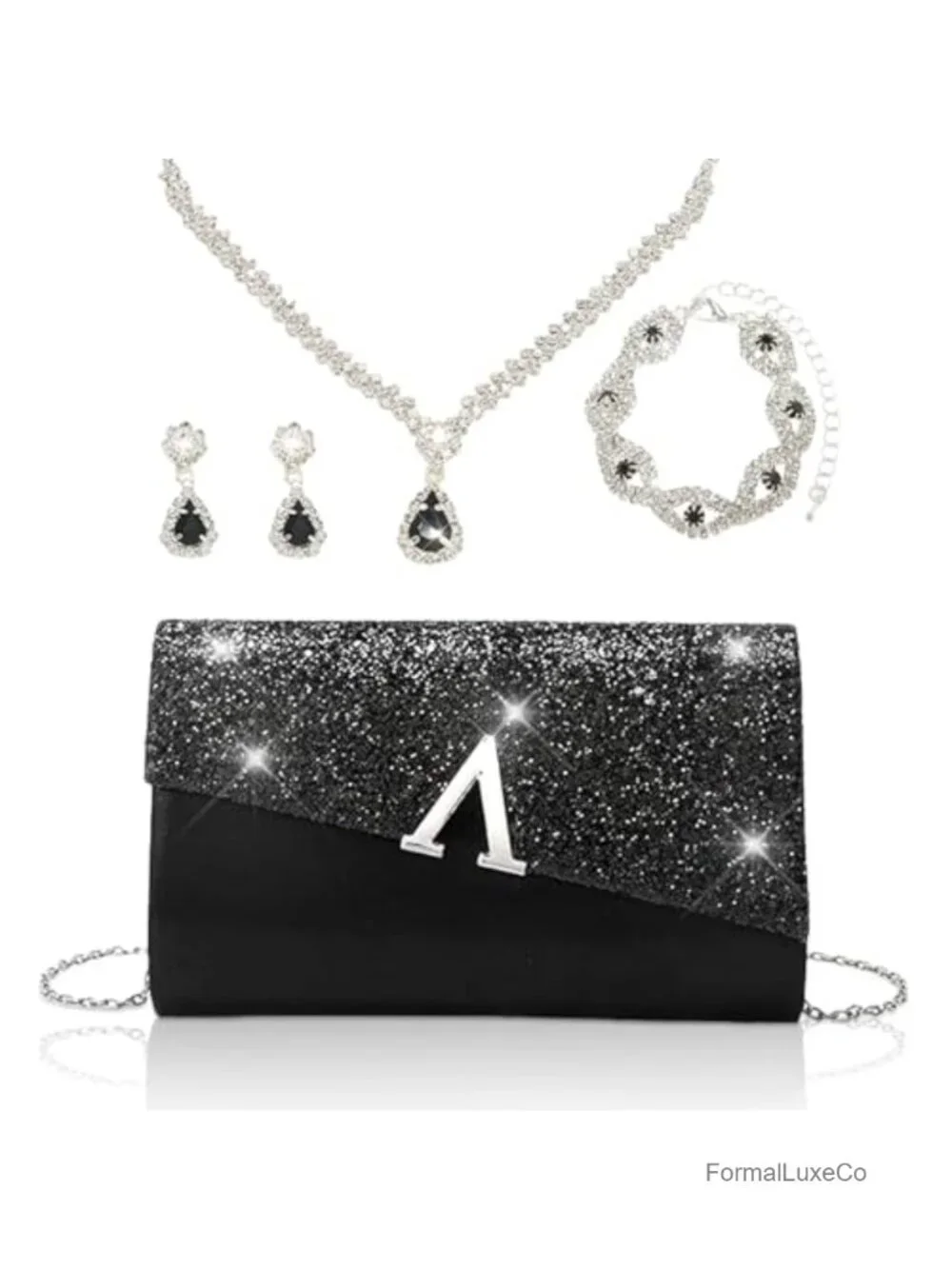 Evening Clutch Purse with Rhinestone Jewelry Set - Wedding Party Bag
